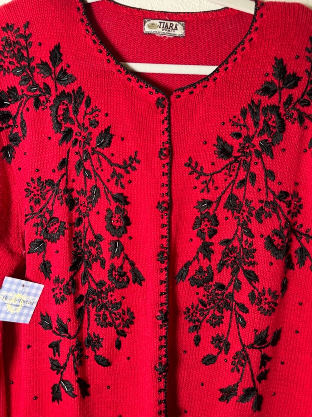 Vintage Tiara Red Embroidered Beaded Cardigan Sweater